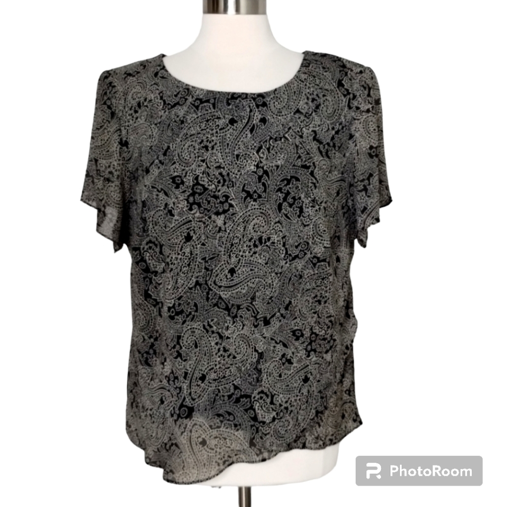 Sag Harbor Plus Size 20W Black Gray Paisley Short Sleeve Blouse Top